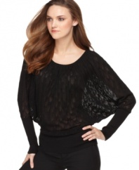 Shake up your sweater closet with this style from Studio M, where intricate crochet design meets dramatic dolman sleeve construction.