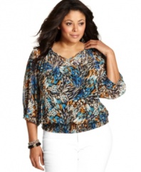 Electrify your neutral bottoms with Alfani's three-quarter sleeve plus size peasant top, highlighted by a vibrant print.