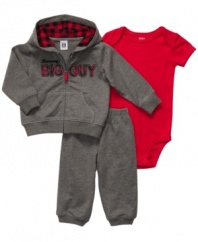 Start your big guy's day off with even bigger style and comfort in this darling 3-piece bodysuit, hoodie and pant set from Carter's.