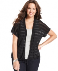 Layer your sleeveless tops with Jones New York Signature's short sleeve plus size cardigan, punctuated by a drawstring hem.