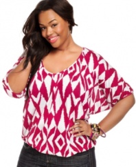 Brighten up your style with Soprano's dolman sleeve plus size top, flaunting a vibrant print -- pair it with your fave jeans!