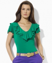 Supremely soft, featherweight stretch jersey lends a luxurious look and feel to Lauren by Ralph Lauren's top, finished with light-as-air ruffles for a hint of feminine flair.