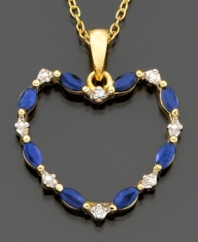 Sapphire, the birthstone of September, is proudly displayed on this loving pendant featuring sapphire and diamond accents in 14k gold. Approximate length: 18 inches. Approximate drop: 1 inch.