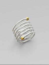 From the Spring Collection. A spiral of hammered sterling silver is richly capped with 24k yellow gold spheres.Sterling silver 24k yellow gold Imported