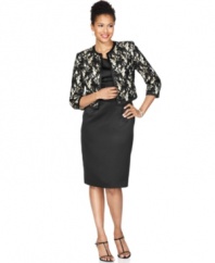 This elegant suit is spectacular for evening events--Kasper has outfitted it with a sophisticated lace bolero jacket and a satin dress with a chic asymmetrical neckline.