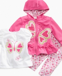 Fun floaty style. She'll love the sweet, sunny style on this hoodie, shirt and leggings set from Nannette.