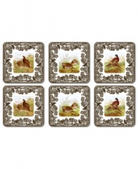 Bring the classic style of the English countryside to your table with Woodland coasters. Pheasant, quail and other game birds are illustrated in great detail and framed by Spode's 1828 British flowers border on heat-resistant cork.
