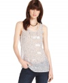 Add sparkle to any day in this DKNY Jeans tank top, featuring tonal sequins on sheer, printed fabric. Pair it with dark jeans for a seamless day-to-night look.