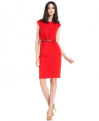 From the office to a dinner date, this petite ponte dress from Calvin Klein does overtime with a stylish belted silhouette and commanding color.