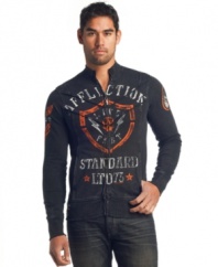 Lighter than your other layers, this zip t-shirt with moto-inspired collar from Affliction has plenty of style torque.