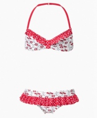 Dainty polka dots and a print of her favorite character on this ruffle bikini from Hello Kitty makes it the perfect pick for a pool party.