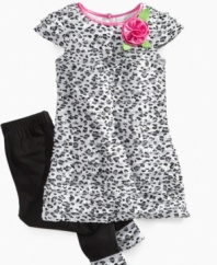 Add a cute splash of color to the wild style of this animal print dress from Sweet Heart Rose, with a pair of leggings with matching animal print cuffs.