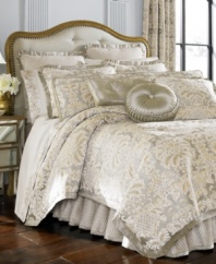 Allover opulence is achieved with this Alexandria comforter set from J Queen, featuring a silver landscape adorned with floral and diamond stitching and polyester trim.
