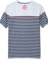 Leisurely linear. Keep your style in-line with current trends with this striped v-neck t-shirt from American Rag.