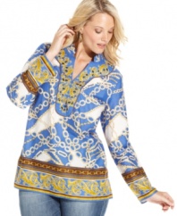 Make a striking statement with Charter Club's plus size tunic top, flaunting a luxe scarf print.