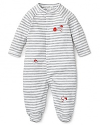 With snappy stripes and embroidered firefighter puppies, this footie is four-alarm cute.