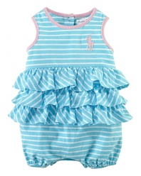 A comfortable striped cotton bubble is fashioned with a flurry of ruffles and signature Big Pony embroidery.
