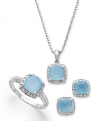 Sky's the limit. Surround yourself in light blue agate with this gorgeous pendant set. Each piece of agate (4-1/10 ct. t.w.) is surrounded by a sleek ring of diamond accents to make this set really sparkle. Approximate length (necklace): 18 inches. Approximate drop (pendant): 1/4 inch. Approximate earring measurement: 1/4 inch. Ring size 7.