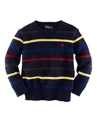 A multi-striped crewneck sweater is perfectly preppy for any season in a flat-knit blend of cotton and wool
