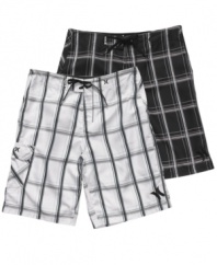 Get ready for some all-around fun in these classic plaid board shorts from Hurley.