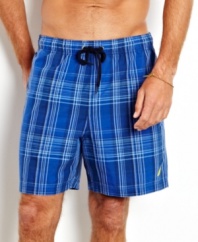 Don't let your beach style get washed out. These plaid trunks from Nautica are a fresh look for summer.