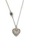 Love that glitters. Juicy Couture's pendant necklace features a darling heart charm embellished with pave crystals. Finished with a gold tone logo banner. Crafted in silver tone mixed metal. Approximate length: 14 inches + 3-inch extender. Approximate drop: 1/2 inch.