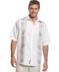 You'll be raking int the compliments in this laid-back, paneled shirt from Cubavera.