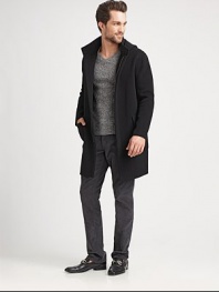 A stylish jacket made from an impeccable combination of wool and cashmere.Attached hoodConcealed zipper frontPatch pocketsAbout 37 from shoulder to hem90% wool/10% cashmereDry cleanImported