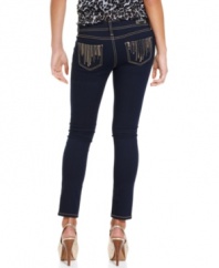 A stream of gold-tone sequins lends heavy metal cool to these dark wash skinny jeans from Rewash!