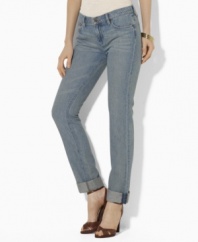 Distinguished by a sleek silhouette with a skinny leg, Lauren Jeans Co.'s essential jean in soft, washed denim is finished with allover fading and a chic cuffed hem.