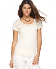 A classic cotton tee gets revamped with lace to create a girly essential for spring, from Lucky Brand Jeans.