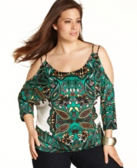 Sass up your style with INC's cold-shoulder plus size top, featuring a vivid print.