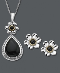 Petal perfection. Round and pear-cut onyx (4-5/8 ct. t.w.) adorns this matching floral pendant and earrings set. Set in sterling silver with 14k gold accents. Approximate length: 18 inches. Approximate diameter (stud): 1/3 inch.