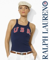 A casual scoopneck tank from Ralph Lauren in soft cotton jersey is embellished with bold country embroidery in celebration of Team USA's participation in the 2012 Olympic Games.