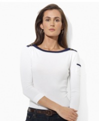 Lauren Jeans Co.'s cotton jersey top is infused with nautical inspiration, rendered with a contrasting bateau neckline and chic buttons at the shoulders.
