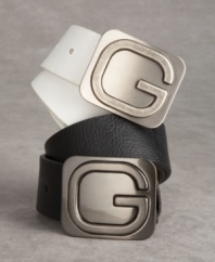 It's a 'G' thing. A textured-leather strap and large-scale logo buckle make this belt a cool graphic choice for jeans, and an easy way to add some edge to dress trousers.