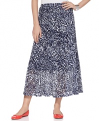 A swirling paisley print on mesh fabric transforms a simple midi skirt into something striking, from JM Collection.