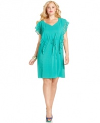 Flaunt flirty style with Spense's flutter sleeve plus size dress, cinched by a drawstring waist-- it's über-cute for day or date night! (Clearance)