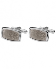 Modern fashion that stands out. A polished design lends masculine appeal to Emporio Armani's stainless steel cufflinks. Made with a gray lacquer finish with a logo design. Approximate diameter: 3/4 inch.