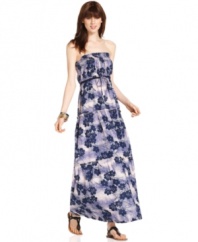 Channel island style in this maxi dress by DKNY Jeans. A tonal floral print and tiered silhouette lend a cool, 1970's vibe to this easy piece.