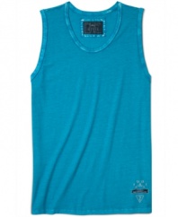 Exercise your right to bare arms in this distressed tank from Guess.
