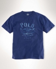 A classic-fitting cotton T-shirt with a printed vintage-inspired graphic offers superior comfort and a timeless look.