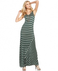 Get right in stripes this season with Kensie's printed maxi dress: a chic, suitcase-ready style that packs abundant daytime cool.