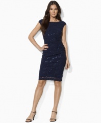 Lauren by Ralph Lauren's sleek matte jersey dress is made glamorous with a sequin-and-lace overlay, creating an elegant cocktail silhouette.