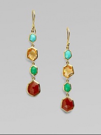 From the Modern Rock Candy® Collection. A simply chic design with a mix of turquoise, orange citrine, chrysoprase and dyed red agate set in an 18k gold drop style. Turquoise, orange citrine, chrysoprase and dyed red agate18k goldDrop, about 2¼Hook backImported 