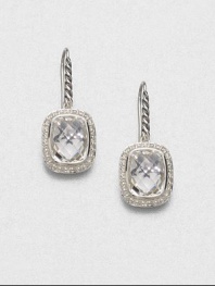 From the Noblesse Collection. Beautifully faceted rectangular white topaz surrounded in dazzling diamond set in sterling silver. White topazDiamonds, .42 tcwSterling silverLength, about .5Hook backImported 