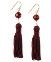 Totally on trend! Tassels are the thing this season, and these crimson-colored tassel and carnelian bead earrings (8-3/4 ct. t.w.) complete the look. Set in 18k gold over sterling silver. Approximate drop: 2-1/4 inches.