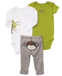 The family might be a barrel of monkey but he'll be happy to show off the love in this darling 3-piece bodysuits and pant set from Carter's.