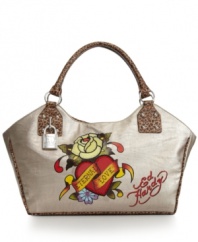 Express yourself with this bold Ed Hardy style featuring an Eternal Love graphic at front and daring animal print trim. Silvertone hardware and a lock charm complete the look.