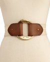 A hammered plaque closure adds textured intrigue to this straw belt from Steve Madden.